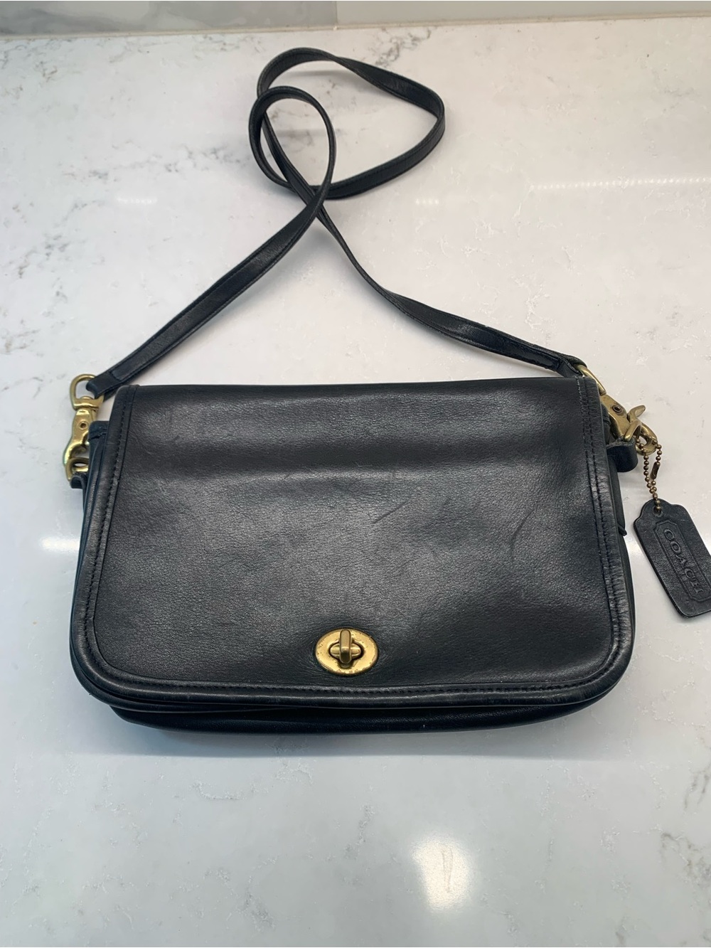 Vintage 80s Coach 9755 Penny Pocket Black Leather Flap Bag